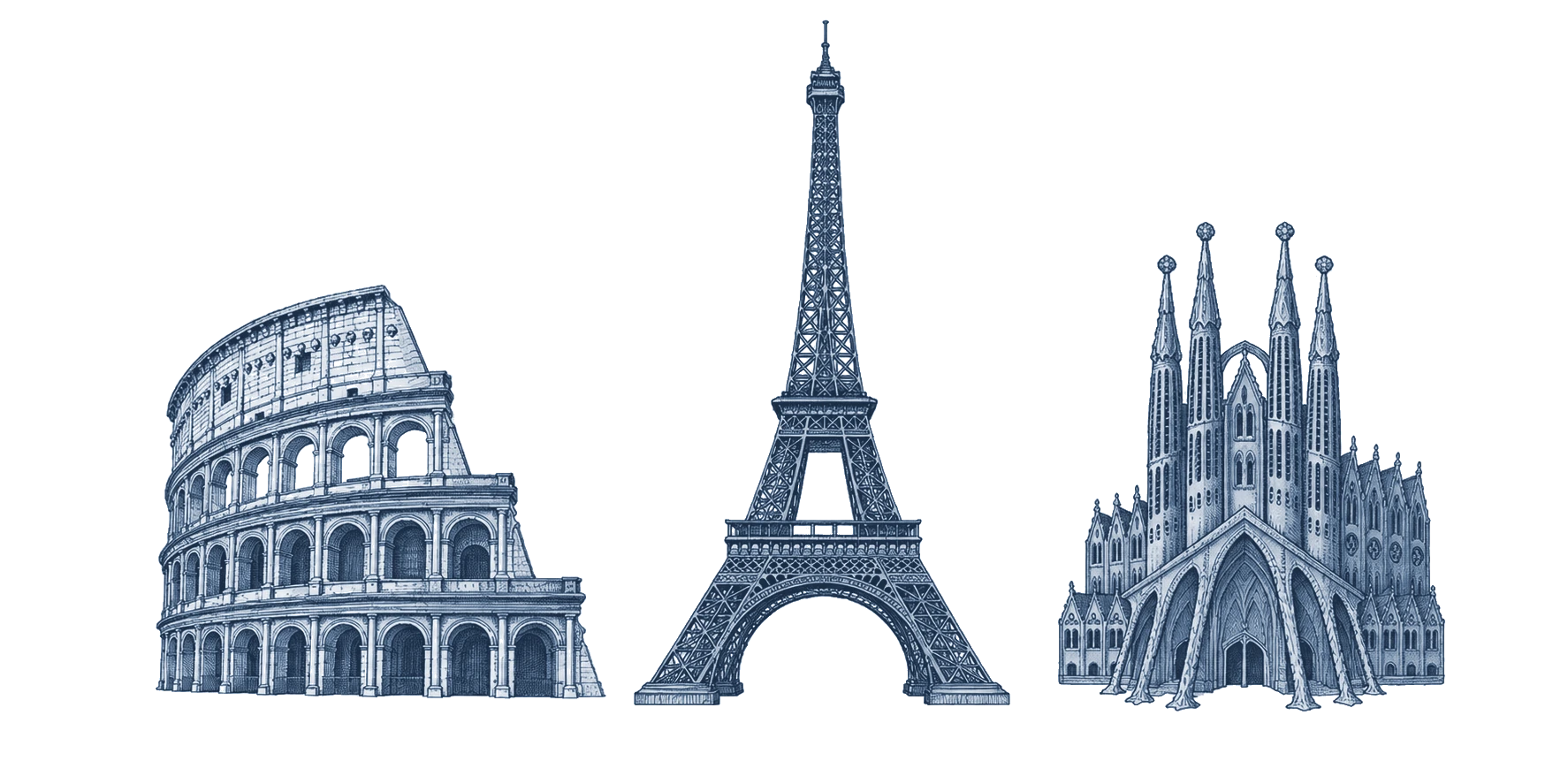 Illustrated European landmarks — the Colosseum, Eiffel Tower and Sagrada Família